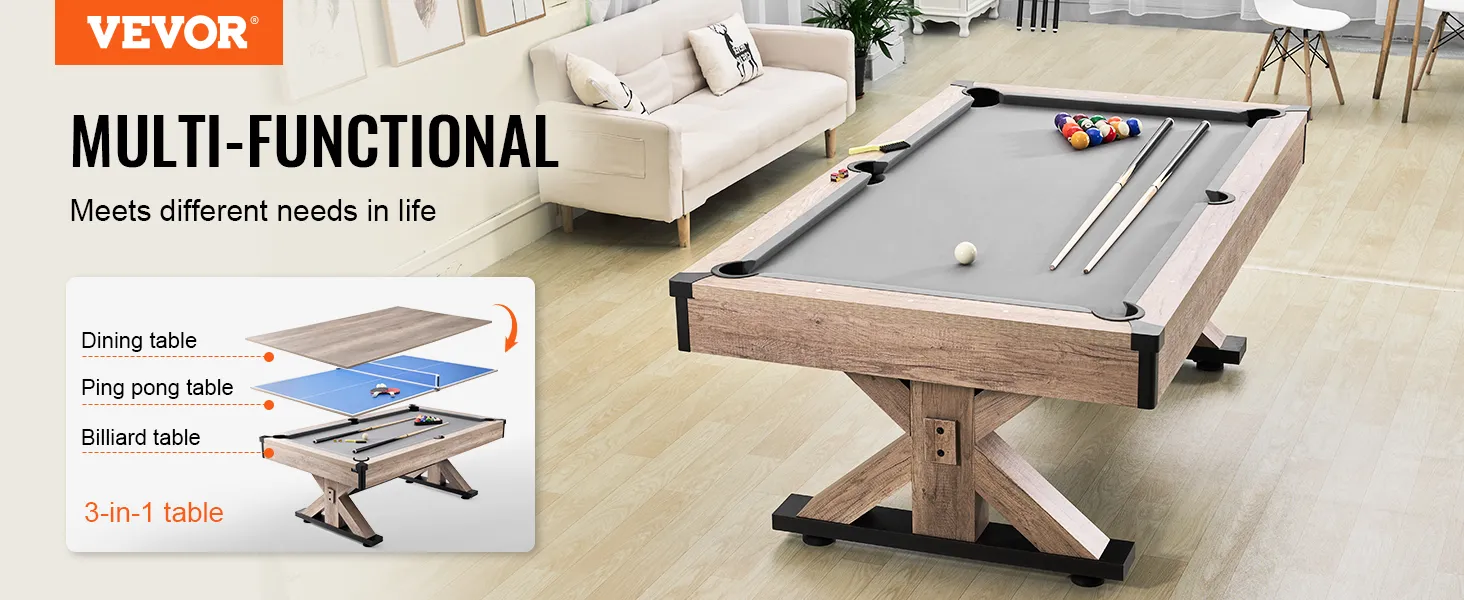 Mesa de billar VEVOR en una sala de estar moderna, transformable en mesa de comedor y ping pong.