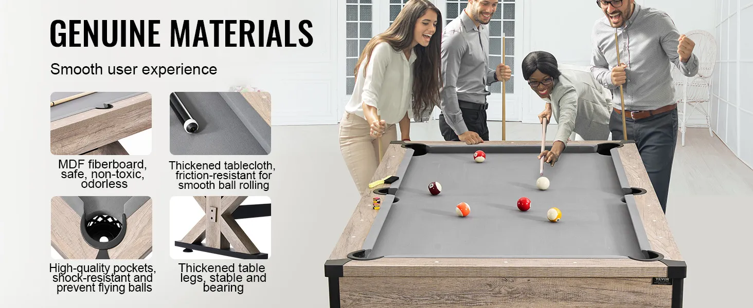 Jugadores disfrutando de una mesa de billar VEVOR, con tablero de fibra de MDF, mantel grueso y bolsillos duraderos.