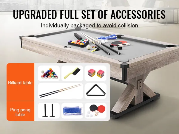 Mesa de billar VEVOR con conjunto completo de accesorios que incluye tacos, bolas, paletas de ping pong y red.
