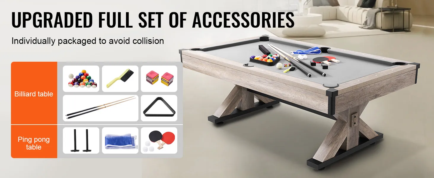 Mesa de billar VEVOR con conjunto completo de accesorios que incluye tacos, bolas, paletas de ping pong y red.