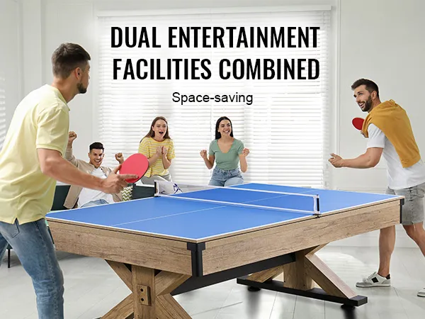 Personas disfrutando de una partida de tenis de mesa en una mesa de billar VEVOR que ahorra espacio, configuración de entretenimiento dual.