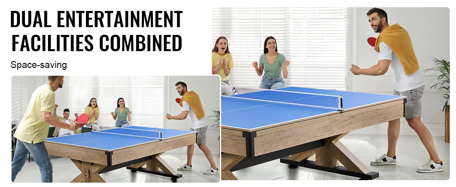 Personas disfrutando de una partida de tenis de mesa en una mesa de billar VEVOR que ahorra espacio, configuración de entretenimiento dual.