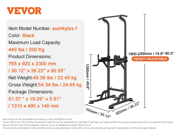 VEVOR power tower, black, max load 440 lbs, height adjustable 74.8"-90.5", includes assembly components.