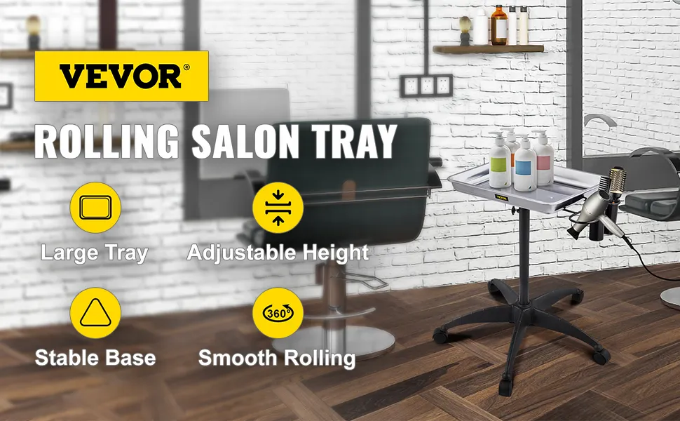 VEVOR mayo stand: rolling salon tray with adjustable height, large tray, stable base, and smooth rolling wheels.
