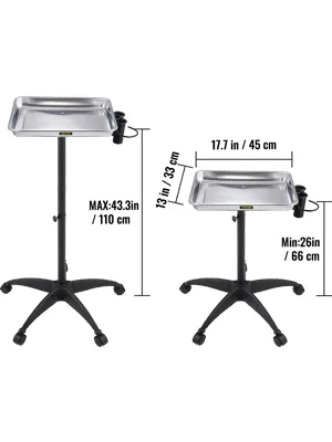 VEVOR mayo stand adjustable height range from 26in/66cm to 43.3in/110cm with 17.7in/45cm tray.