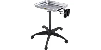 VEVOR mayo stand with stainless steel tray and adjustable height on five-wheel base with cup holders.