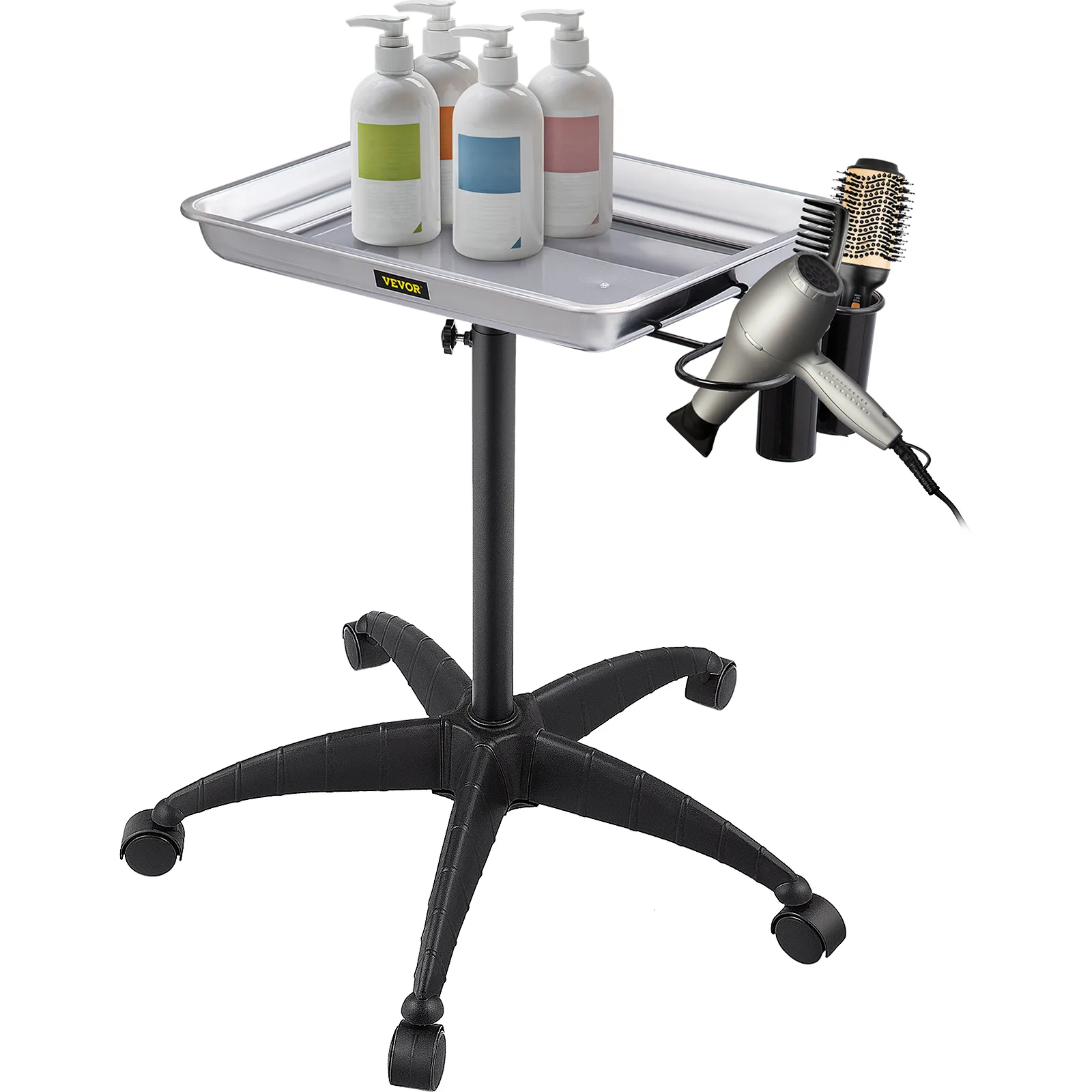 VEVOR mayo stand with bottles and hair dryer holder on a mobile base with five wheels.