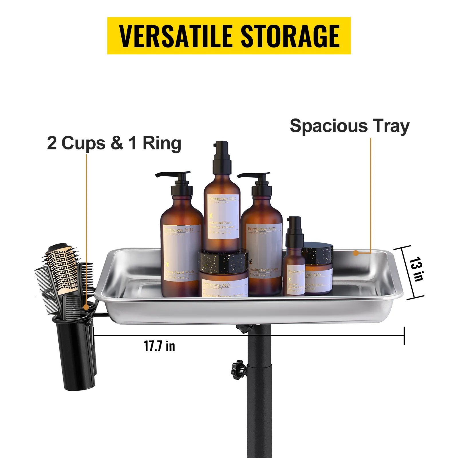 VEVOR mayo stand with spacious tray, 2 cups, and ring holder showcasing various bottles and brushes.