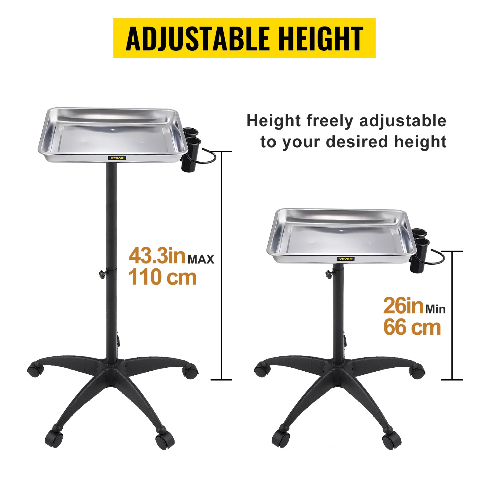 adjustable height VEVOR mayo stand with stainless steel tray, ranging from 26in to 43.3in.