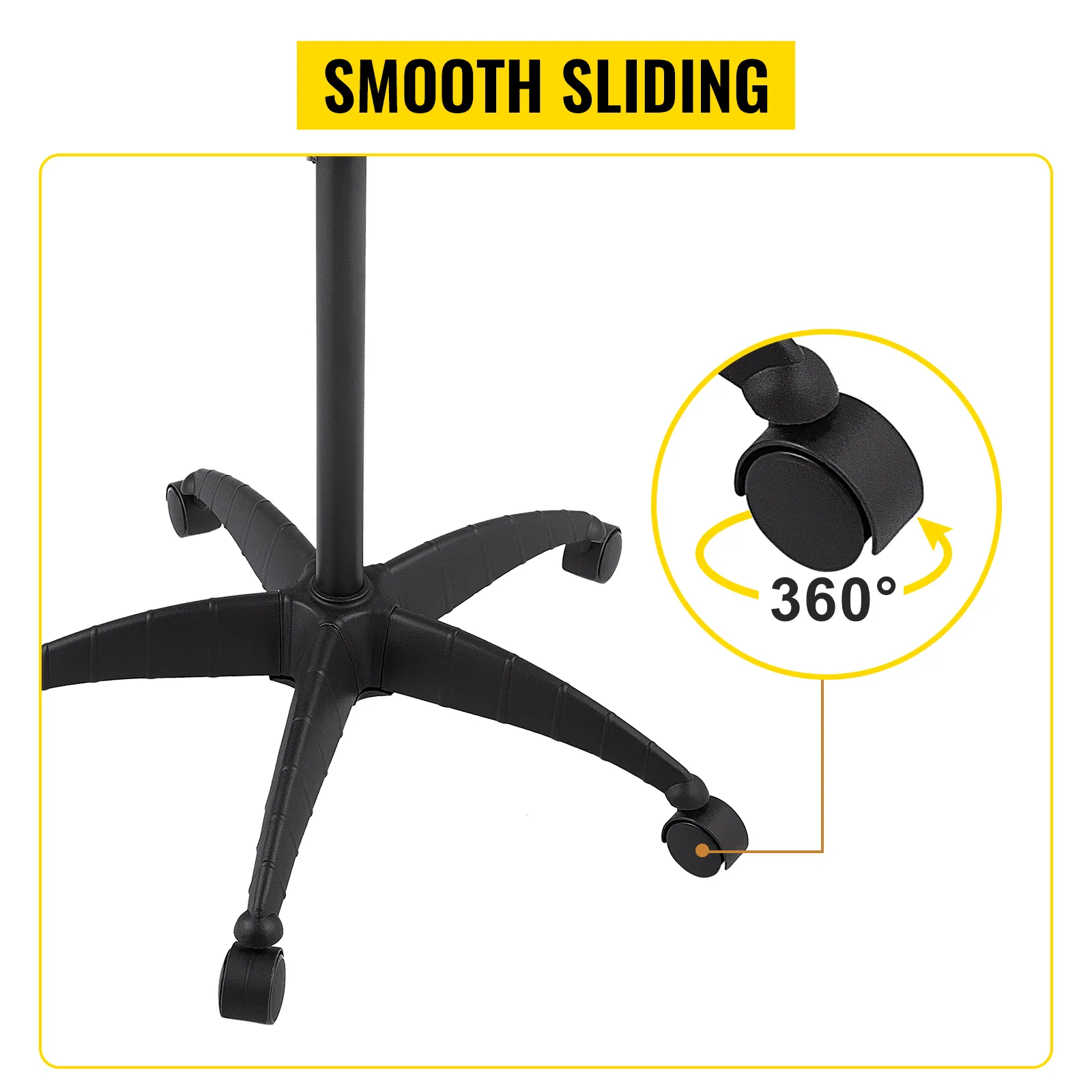 smooth-sliding VEVOR mayo stand with 360° rotating caster wheels for easy mobility in medical settings.