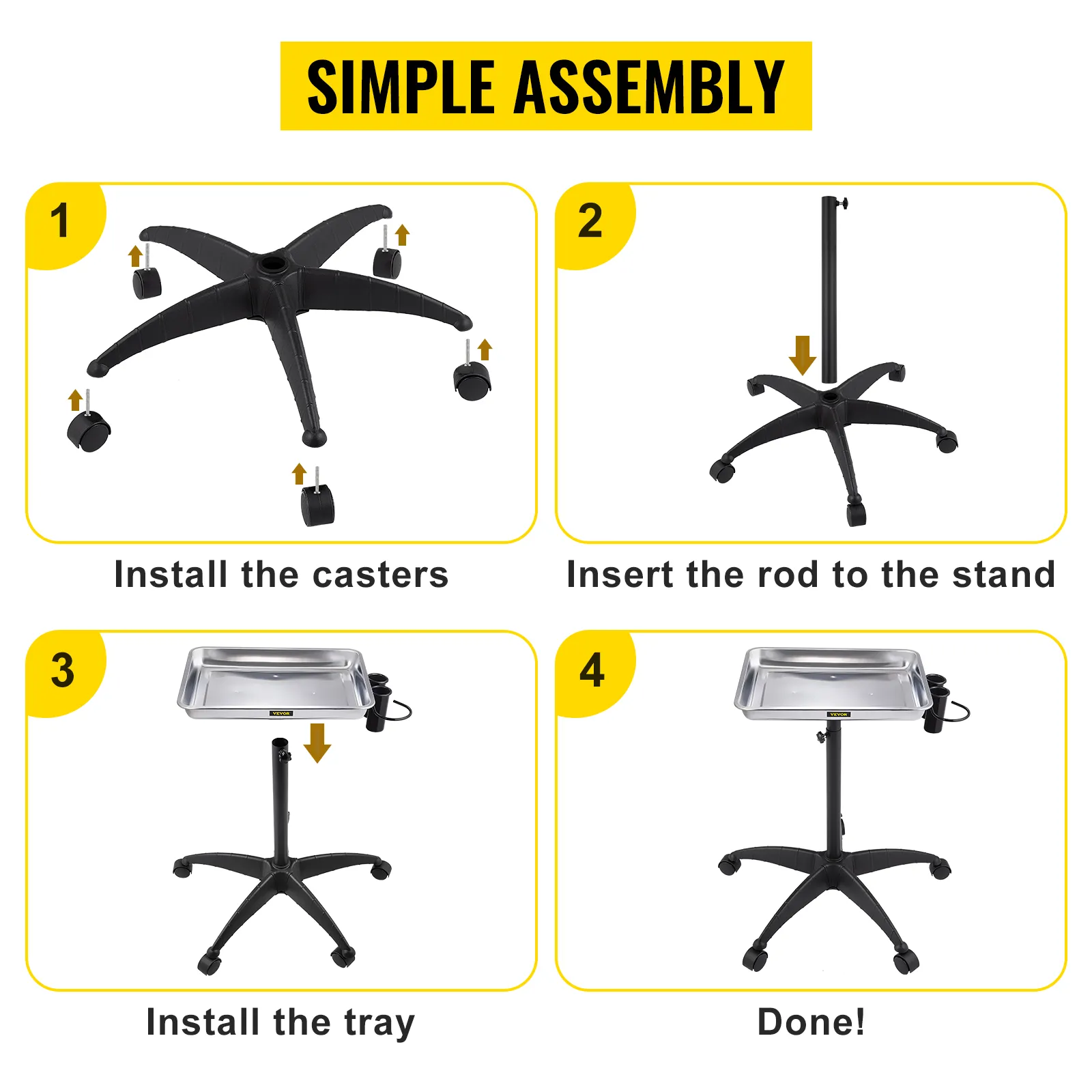 simple steps to assemble VEVOR mayo stand: install casters, insert rod, install tray, done!
