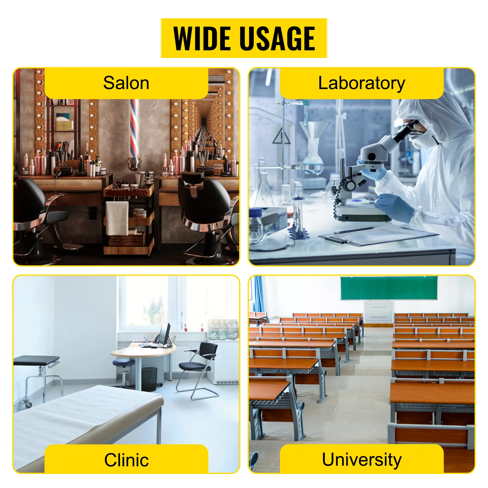 wide usage of VEVOR mayo stand in salon, laboratory, clinic, and university settings.
