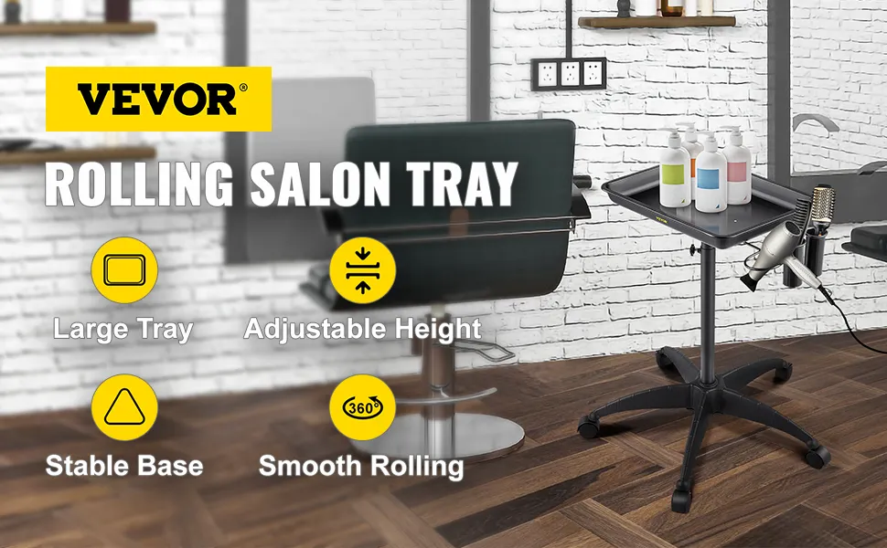 VEVOR mayo stand in a salon with large tray, adjustable height, stable base, and smooth rolling.