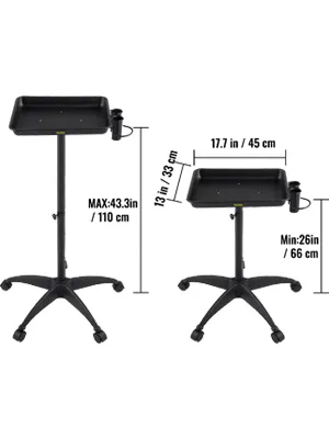 adjustable VEVOR mayo stand with black tray and wheels, height range: 26-43.3 inches, tray size 17.7x13 inches.