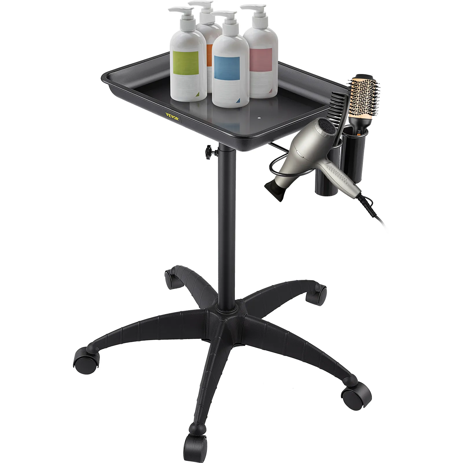 VEVOR mayo stand with four bottles, hairdryer, and brush on a black wheeled base.