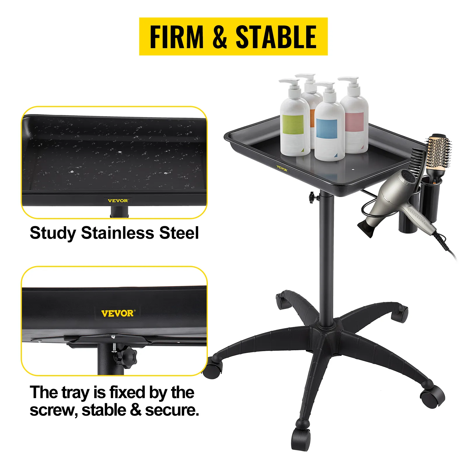 stable VEVOR mayo stand with stainless steel tray, bottles, hairdryer, and brush holder. sturdy design.