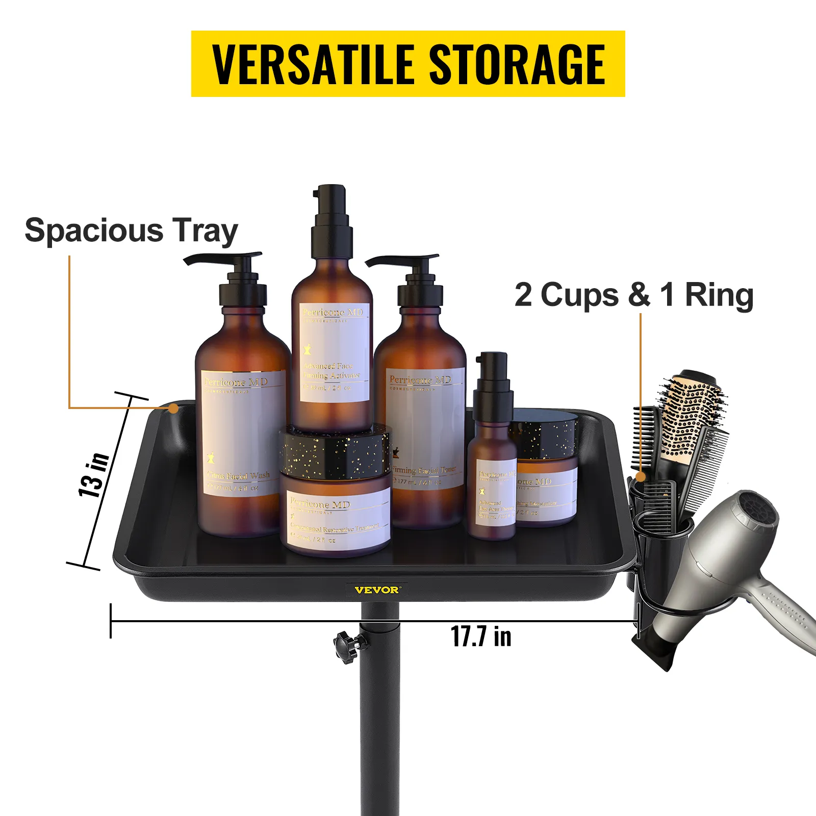 VEVOR mayo stand with spacious tray, bottles, 2 cups, 1 ring, hairdryer, and brushes for versatile storage