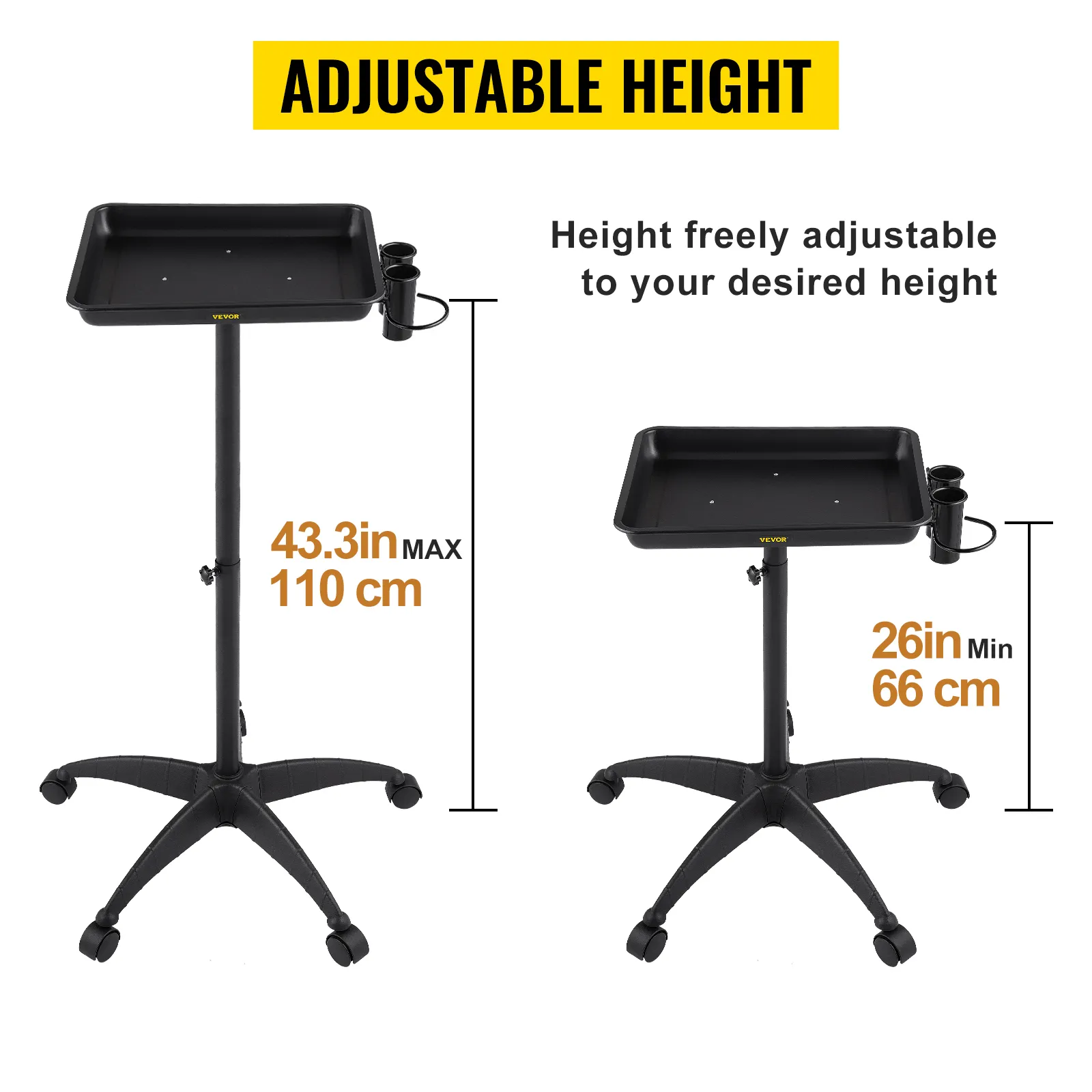 VEVOR mayo stand with adjustable height from 26in (66cm) to 43.3in (110cm), with 5-wheel base.