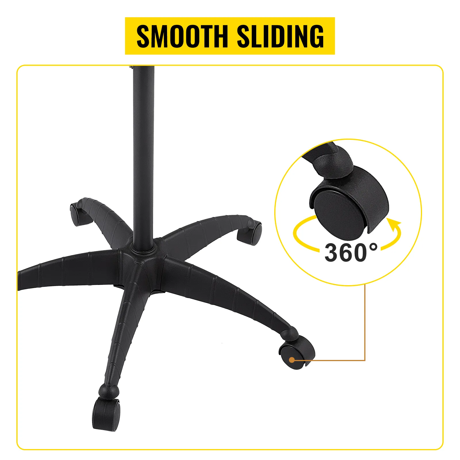 VEVOR mayo stand with 360-degree rotating caster wheels for smooth sliding, sturdy black base.