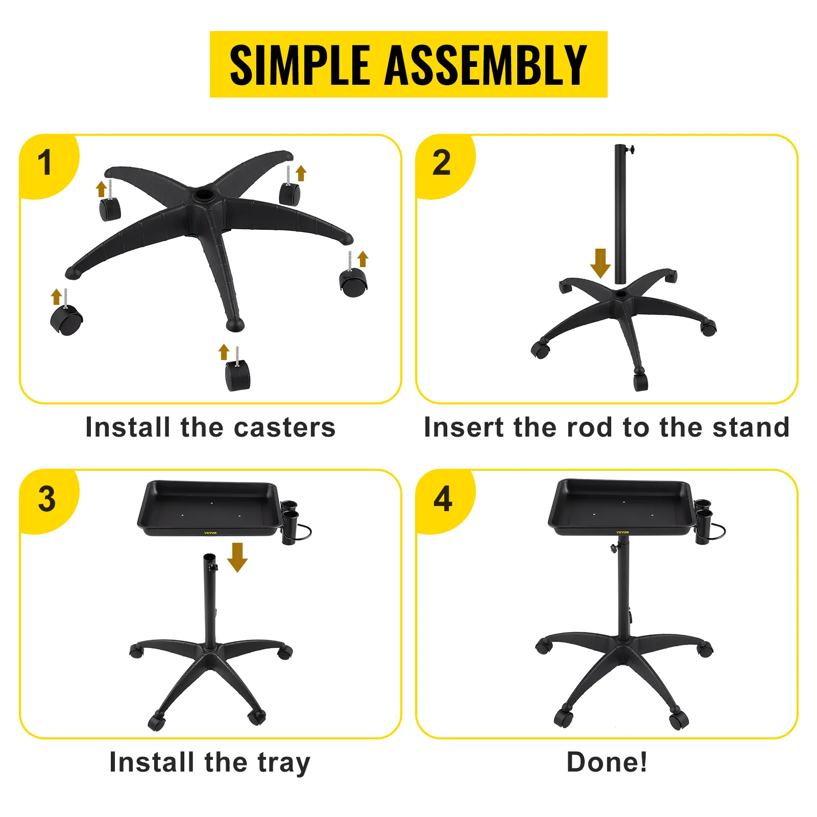 simple assembly instructions for VEVOR mayo stand: install casters, insert rod, attach tray, done!