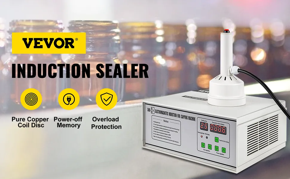 VEVOR induction sealer with pure copper coil, power-off memory, and overload protection.