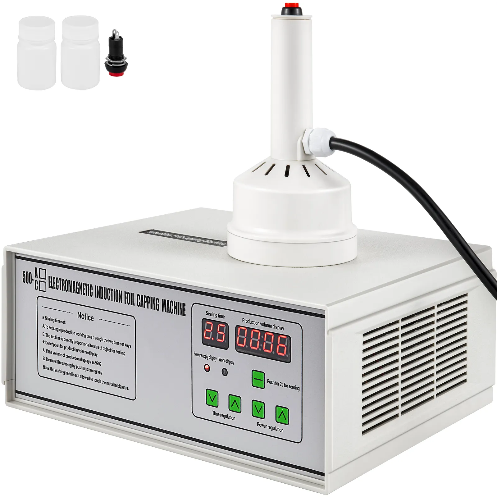 VEVOR induction sealer with digital display and capping machine accessories.