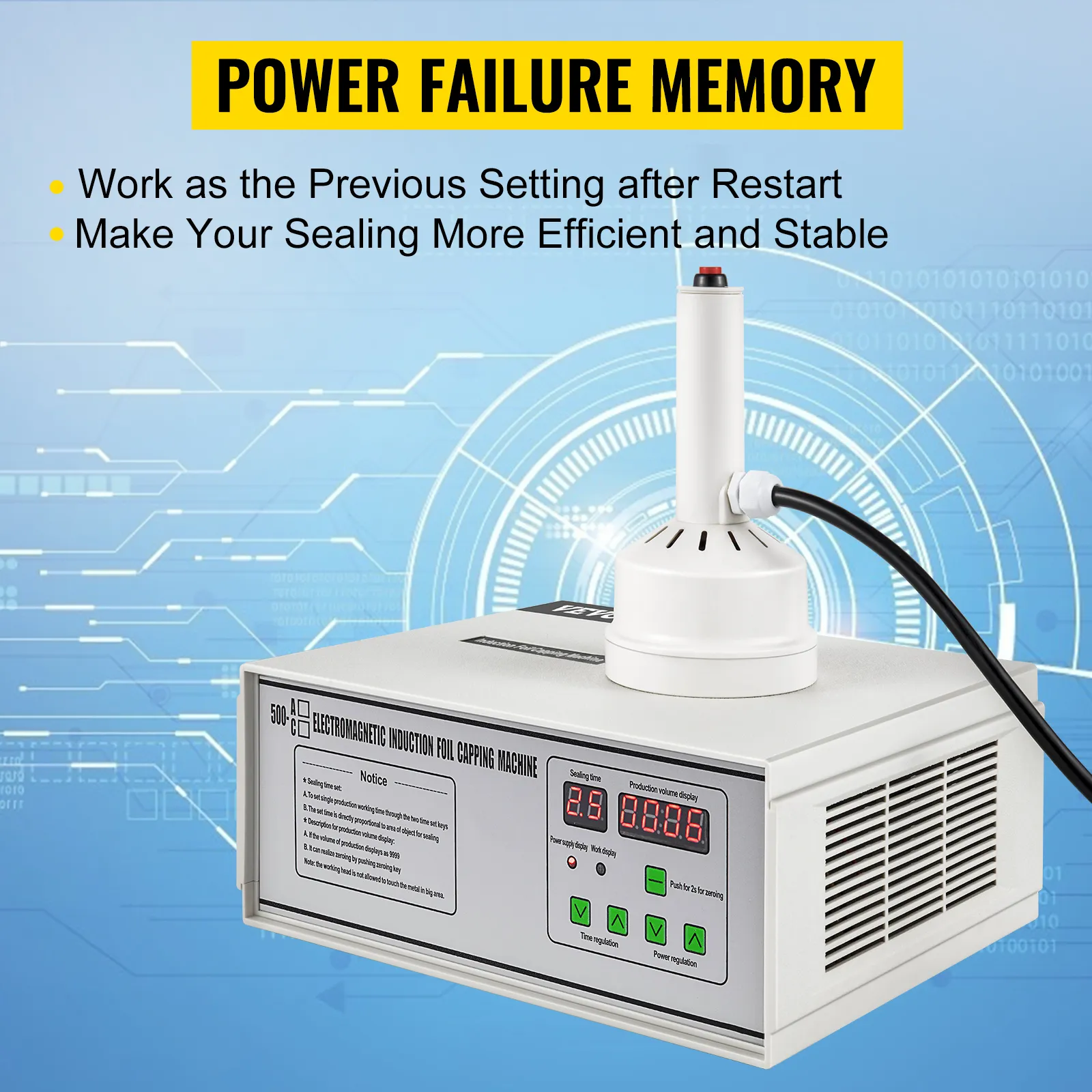 VEVOR induction sealer with power failure memory for efficient and stable sealing.