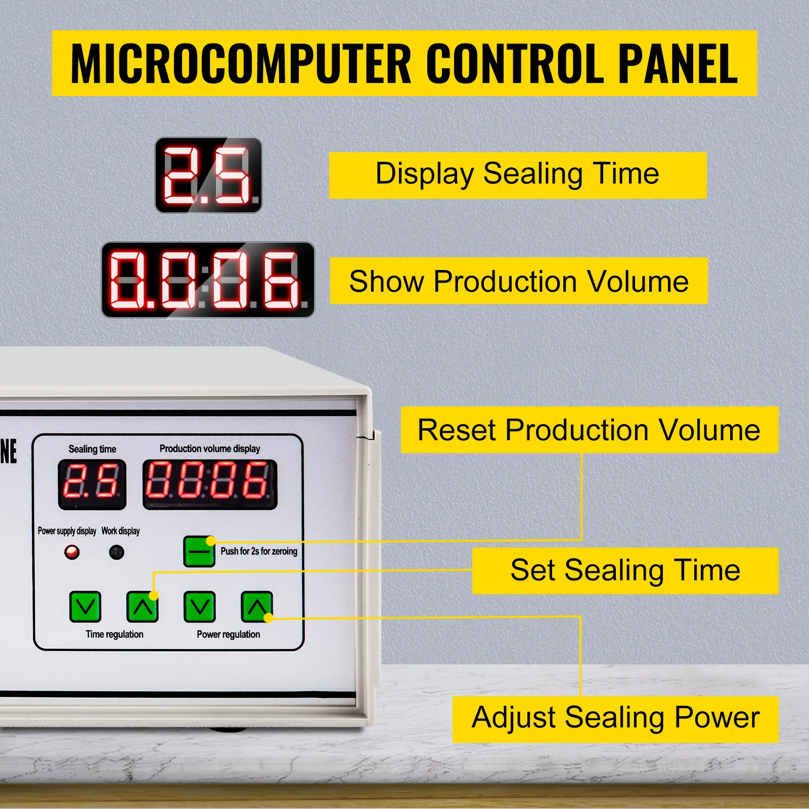 VEVOR induction sealer control panel with sealing time and production volume display.