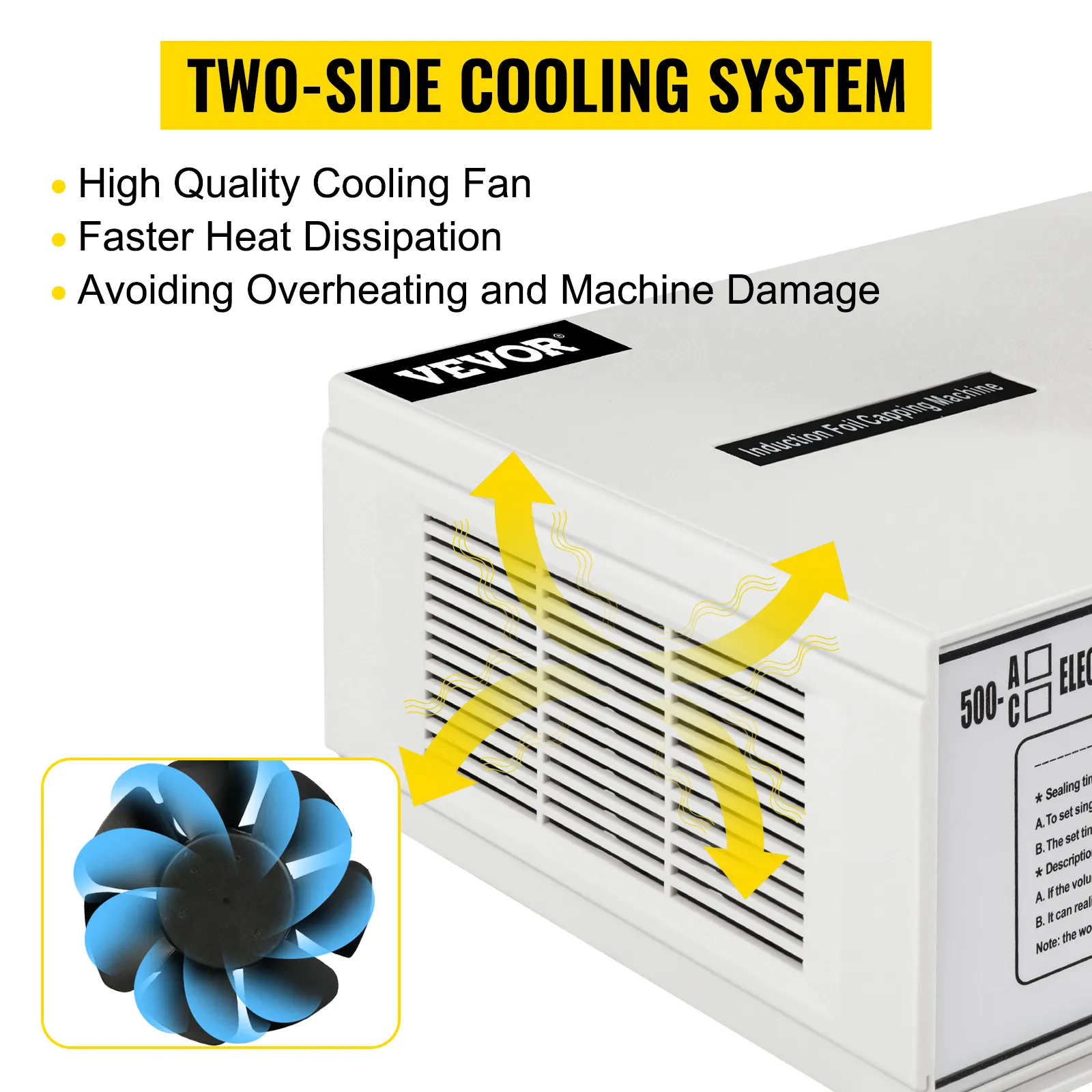 VEVOR induction sealer with two-side cooling system and high-quality fan.