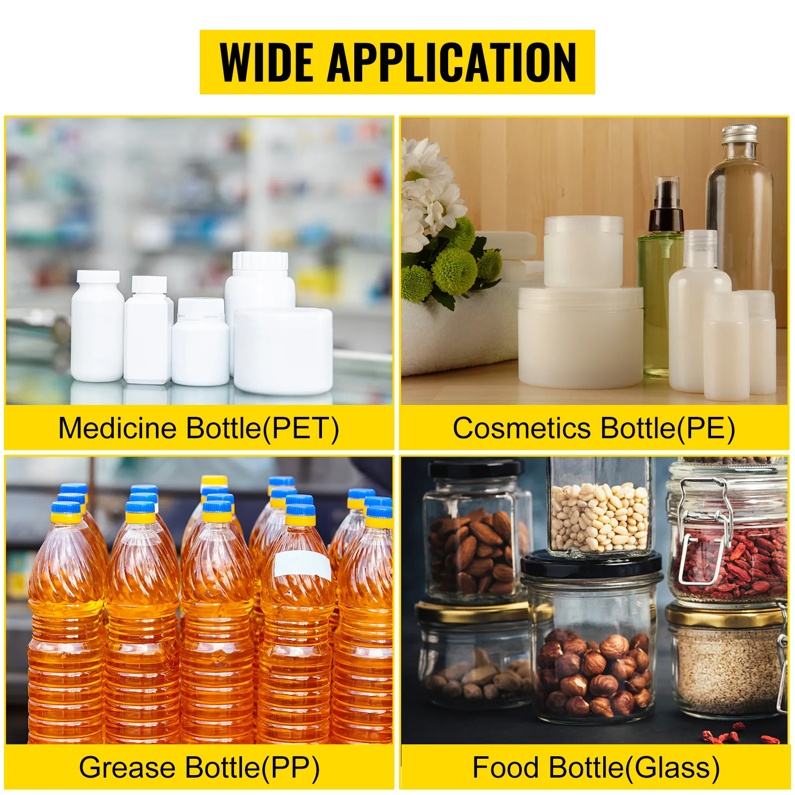 wide application of VEVOR induction sealer: pet, pe, pp, and glass bottles.