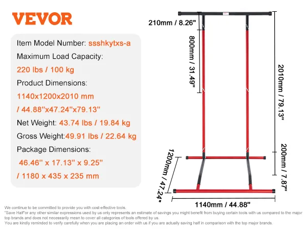 VEVOR power tower, red and black with dimensions: 44.88"x47.24"x79.13", max load 220lbs, includes carry bag.