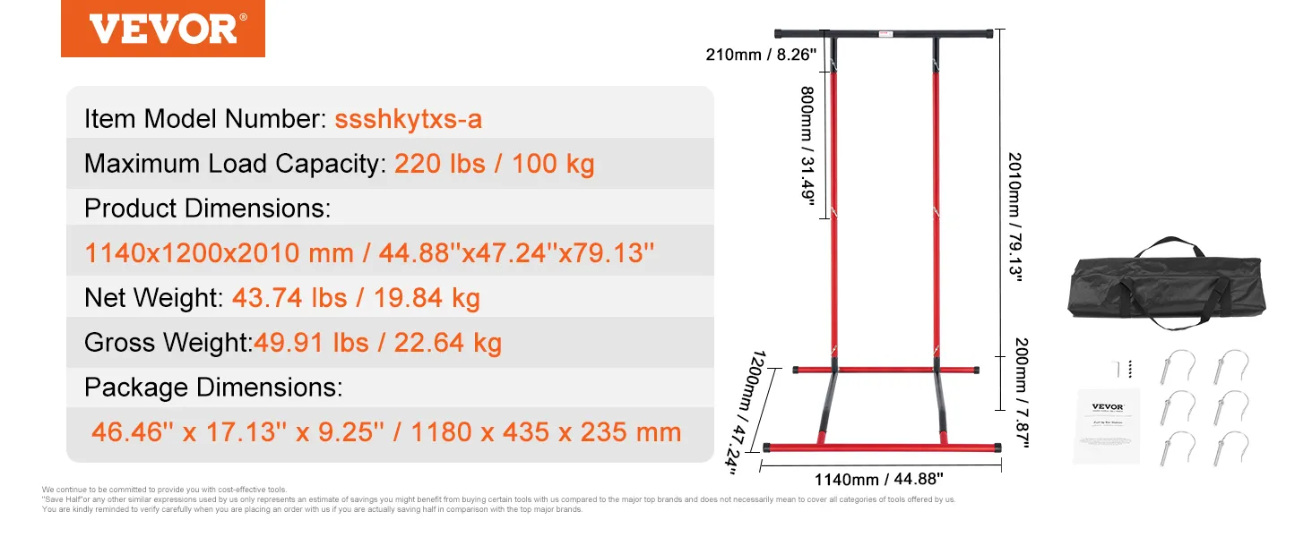 VEVOR power tower, red and black with dimensions: 44.88"x47.24"x79.13", max load 220lbs, includes carry bag.