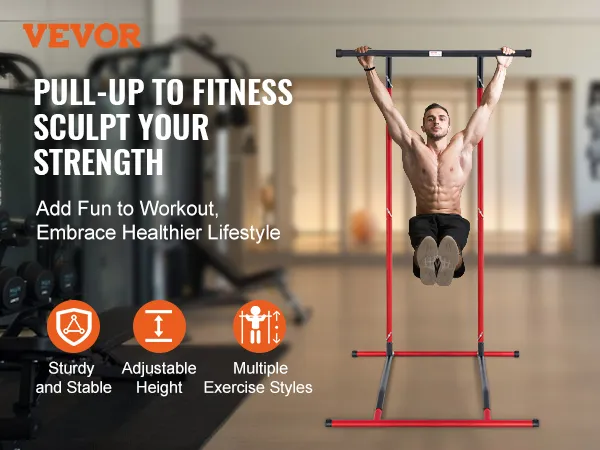 VEVOR power tower: sturdy, adjustable, multiple exercise styles, 220 lbs capacity, 2.0mm wall thickness.