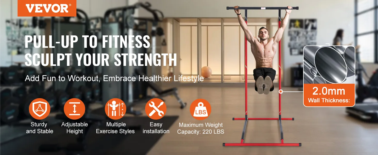 VEVOR power tower: sturdy, adjustable, multiple exercise styles, 220 lbs capacity, 2.0mm wall thickness.