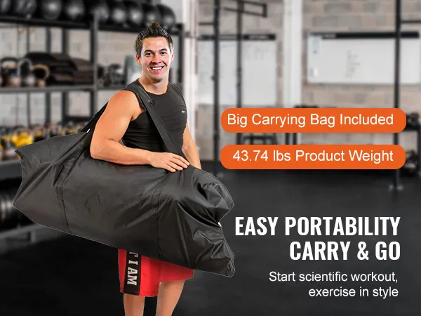 man in gym holding VEVOR power tower bag, showcasing easy portability with text highlighting product weight.