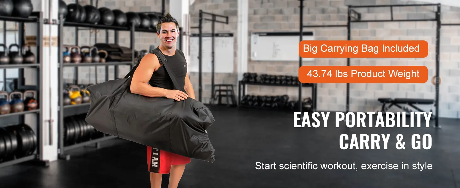 man in gym holding VEVOR power tower bag, showcasing easy portability with text highlighting product weight.