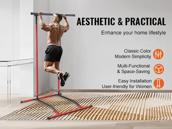 man using VEVOR power tower in modern home gym with text highlighting its aesthetic and practical benefits.
