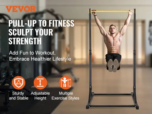 VEVOR power tower in a gym setting showcasing pull-up exercise with a focus on stability and adjustability.