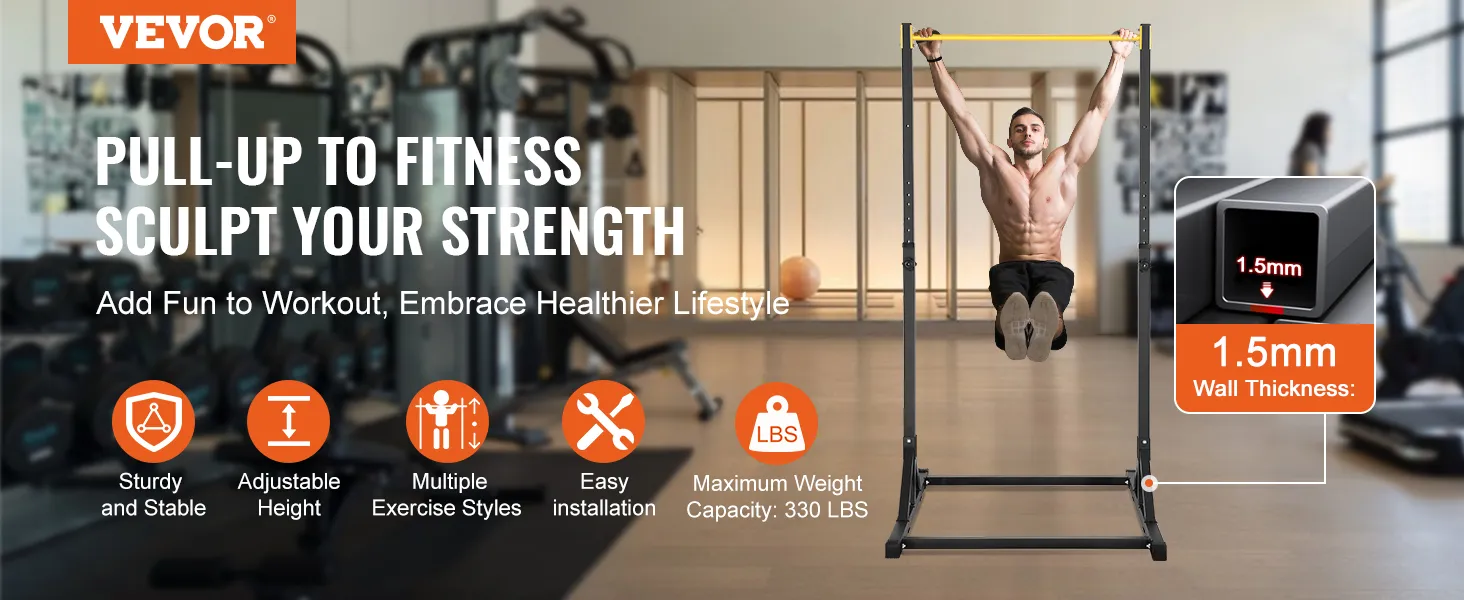 VEVOR power tower in a gym setting showcasing pull-up exercise with a focus on stability and adjustability.