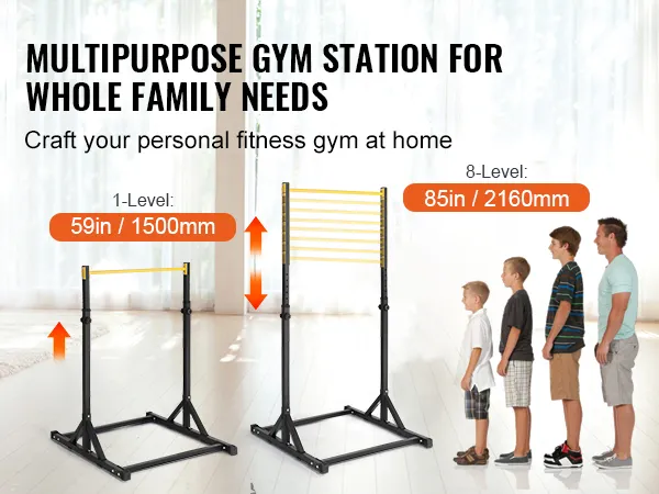 multipurpose VEVOR power tower gym station, adjustable height from 59in to 85in for family fitness.
