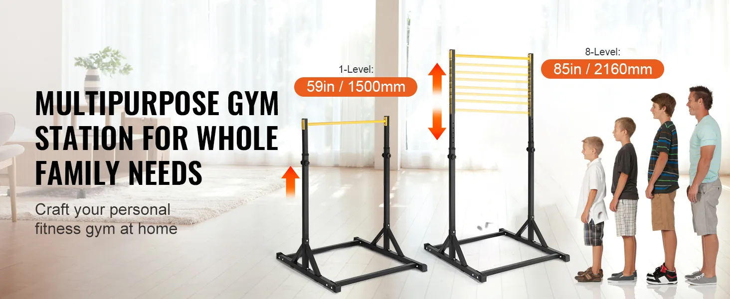 multipurpose VEVOR power tower gym station, adjustable height from 59in to 85in for family fitness.