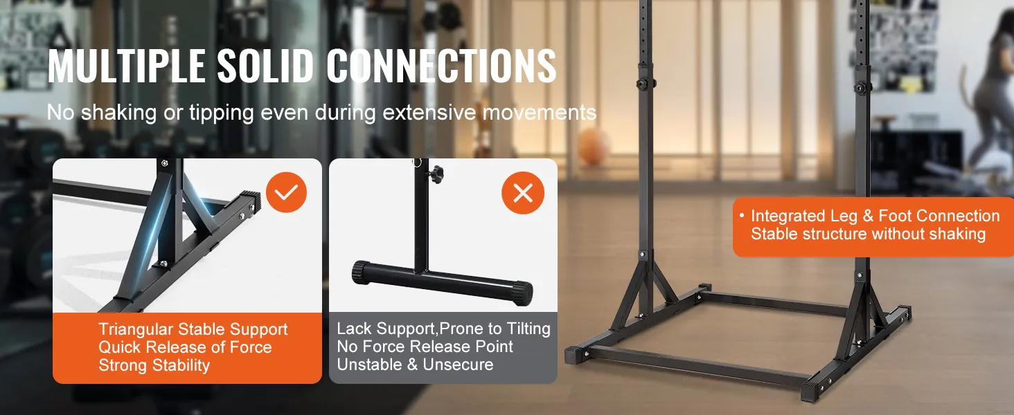 VEVOR power tower with integrated leg and foot connection ensures stability without shaking or tipping.