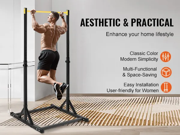 man using the VEVOR power tower for pull-ups in a modern home gym setup, showcasing its versatility.