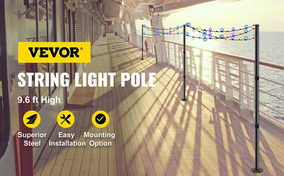 Poste de luz de cadena VEVOR en la cubierta de un barco al atardecer con luces de colores, 9,6 pies de altura.