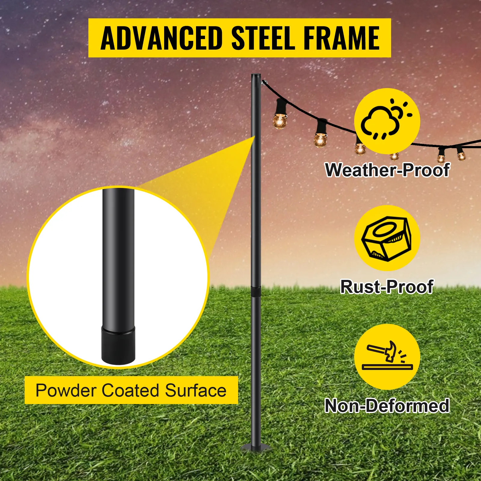 Poste de iluminación de cadena VEVOR con marco de acero avanzado en un entorno exterior con césped.