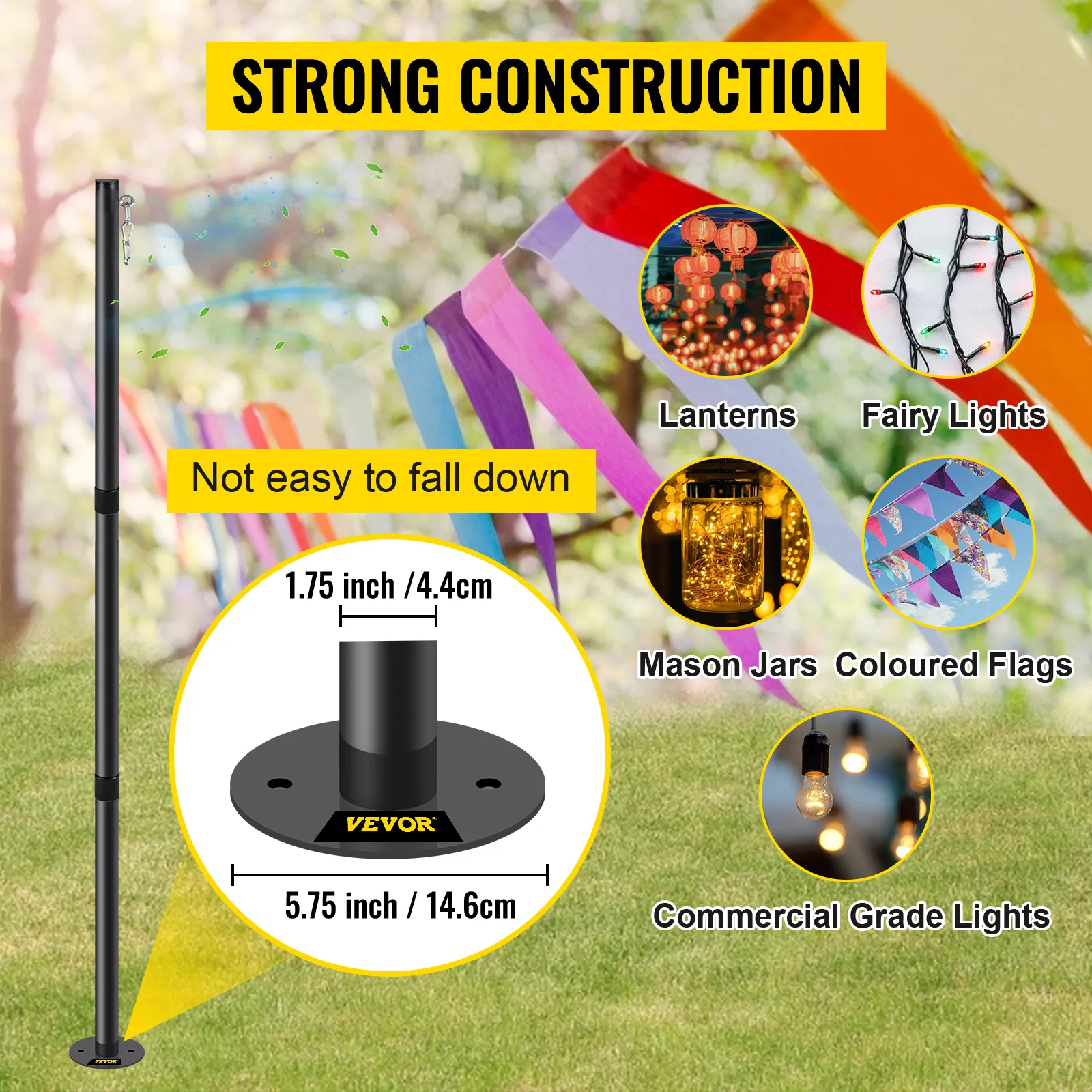 Poste de iluminación de cadena VEVOR con linternas, luces de colores, frascos de vidrio y banderas de colores.