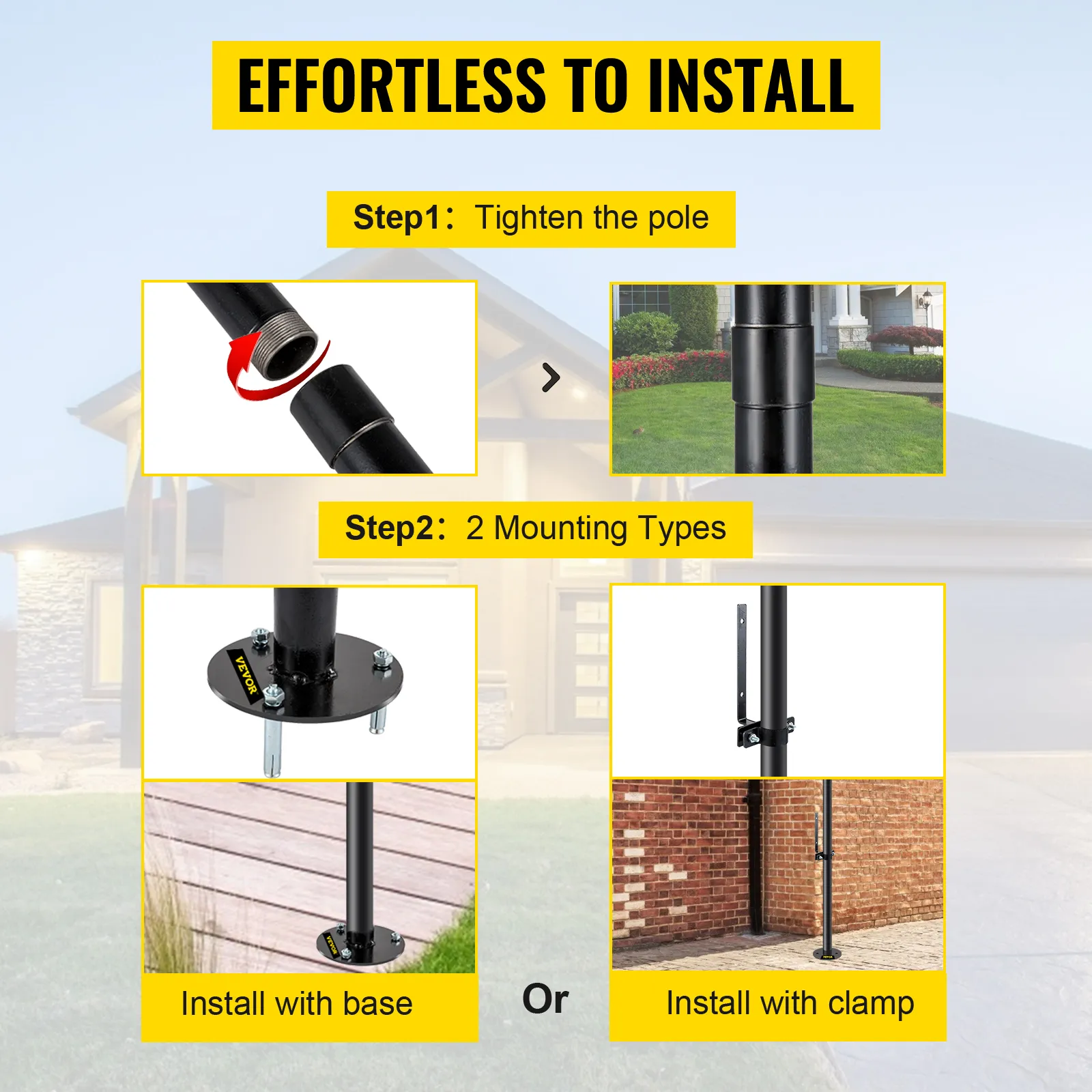 Instalación sin esfuerzo del poste de luz de cadena VEVOR con opciones de montaje en base o abrazadera.