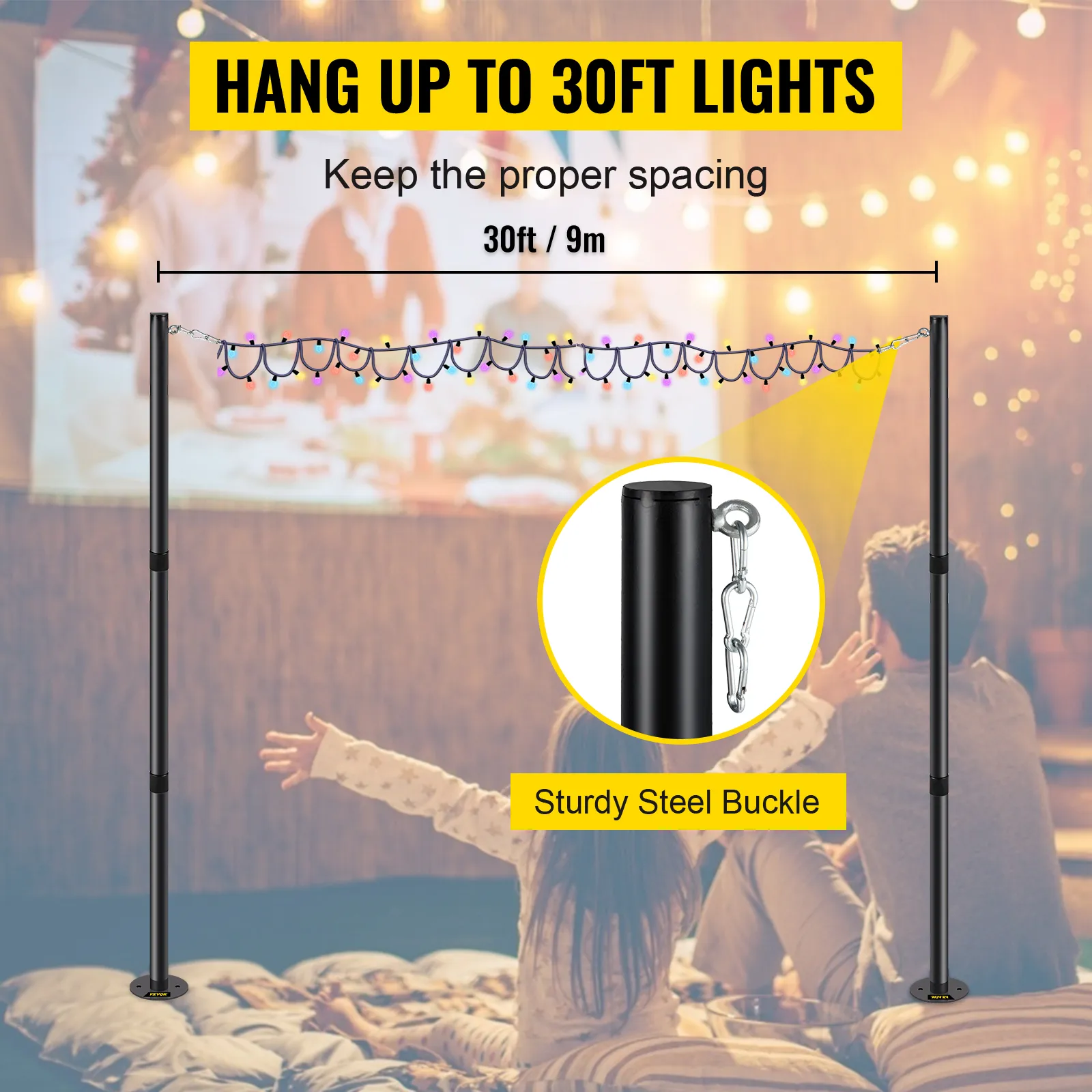 Poste de luz de cadena VEVOR que soporta luces de 30 pies con hebilla de acero resistente para decoración al aire libre.