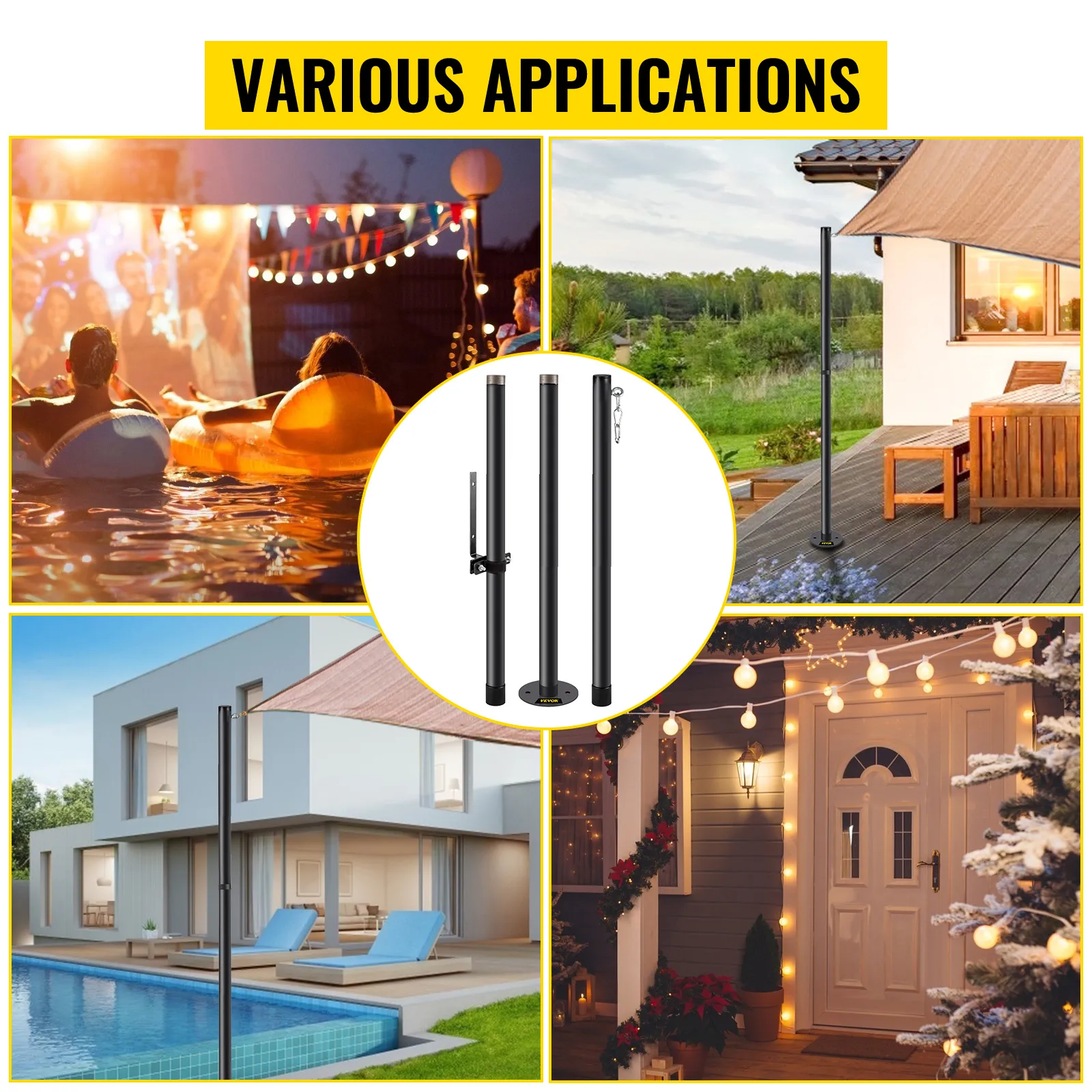 Varios usos del poste de luz de cadena VEVOR para iluminación de piscinas, patios, jardines y vacaciones.