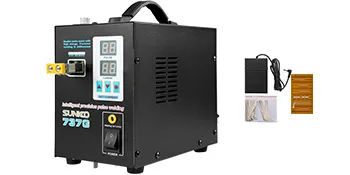 Soldador por puntos de batería VEVOR con pantalla LCD y accesorios.